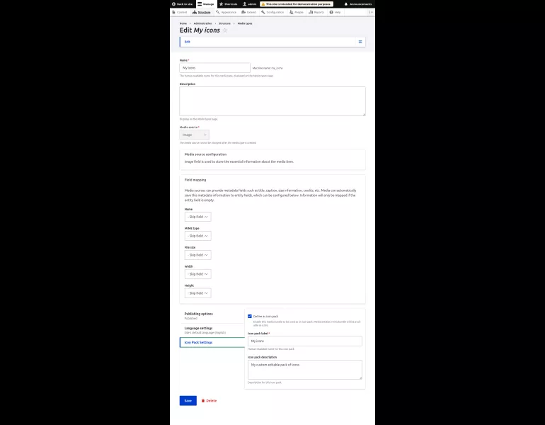 Formulaire de configuration media pour activer le media en tant que pack d'icônes