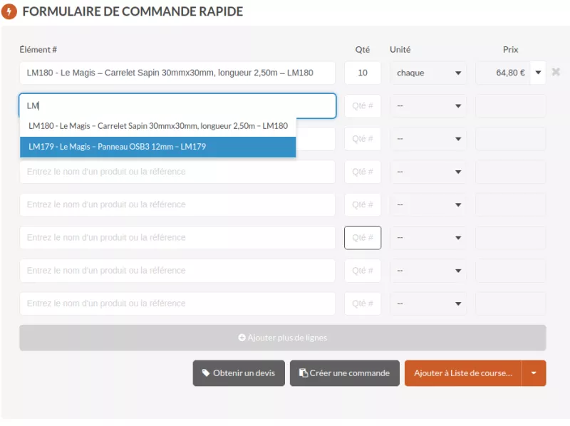 Formulaire de commande rapide orocommerce