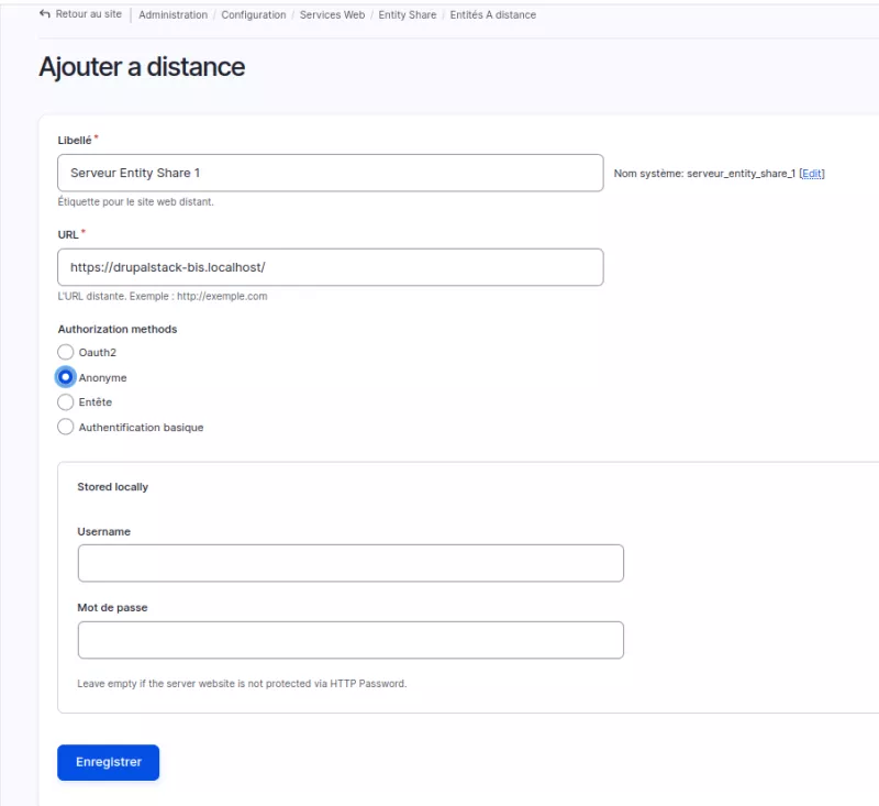 Configuration de site web distant entity share client