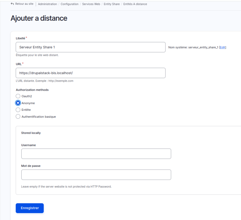 Configuration de site web distant entity share client