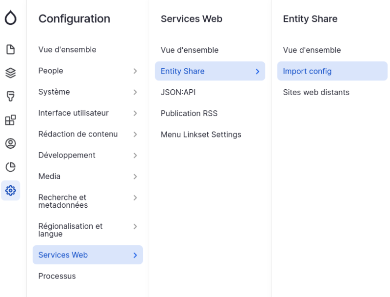 Navbar Configuration d'import Entity Share client