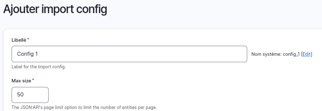 Entity Share client - Configuration d'import : Label et Max size