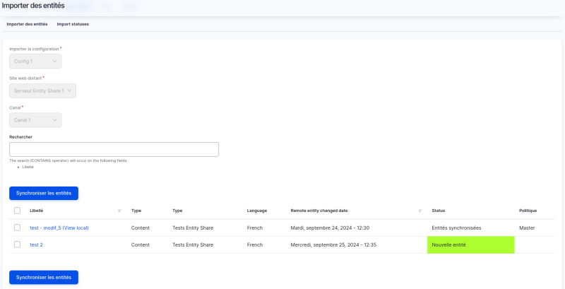 Page synchronisation des entités via Entity Share